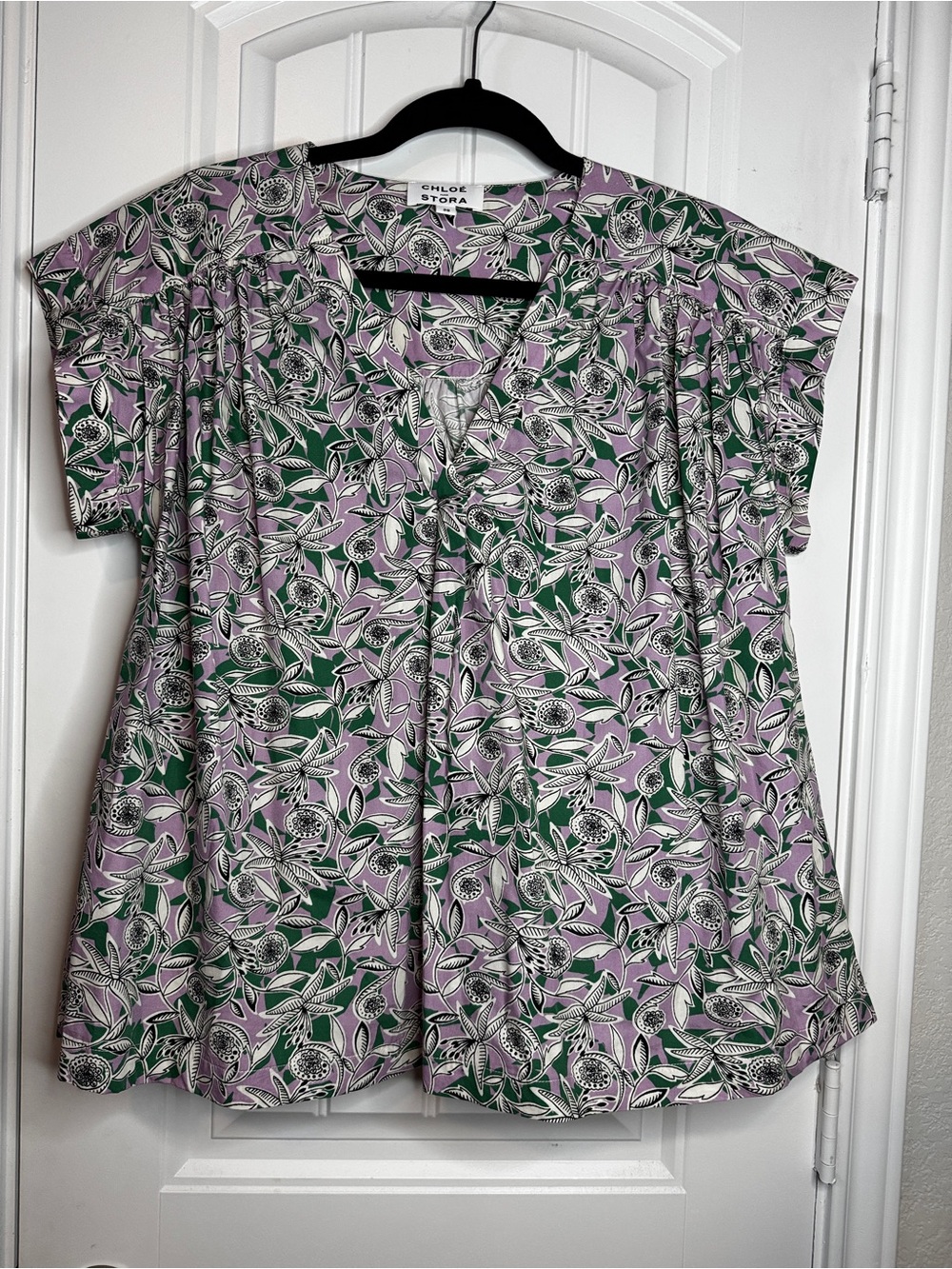 Chloe Stora floral blouse women’s size 38 purple V-Neck Short Sleeve